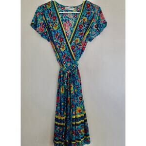 TEMOFON Multi Color Floral V-Neck Floral Wrap Women’s Dress Size M